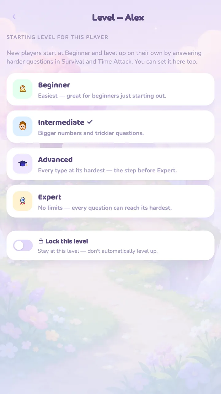 Level screen — Beginner, Intermediate, Advanced and Expert options with a lock-this-level toggle