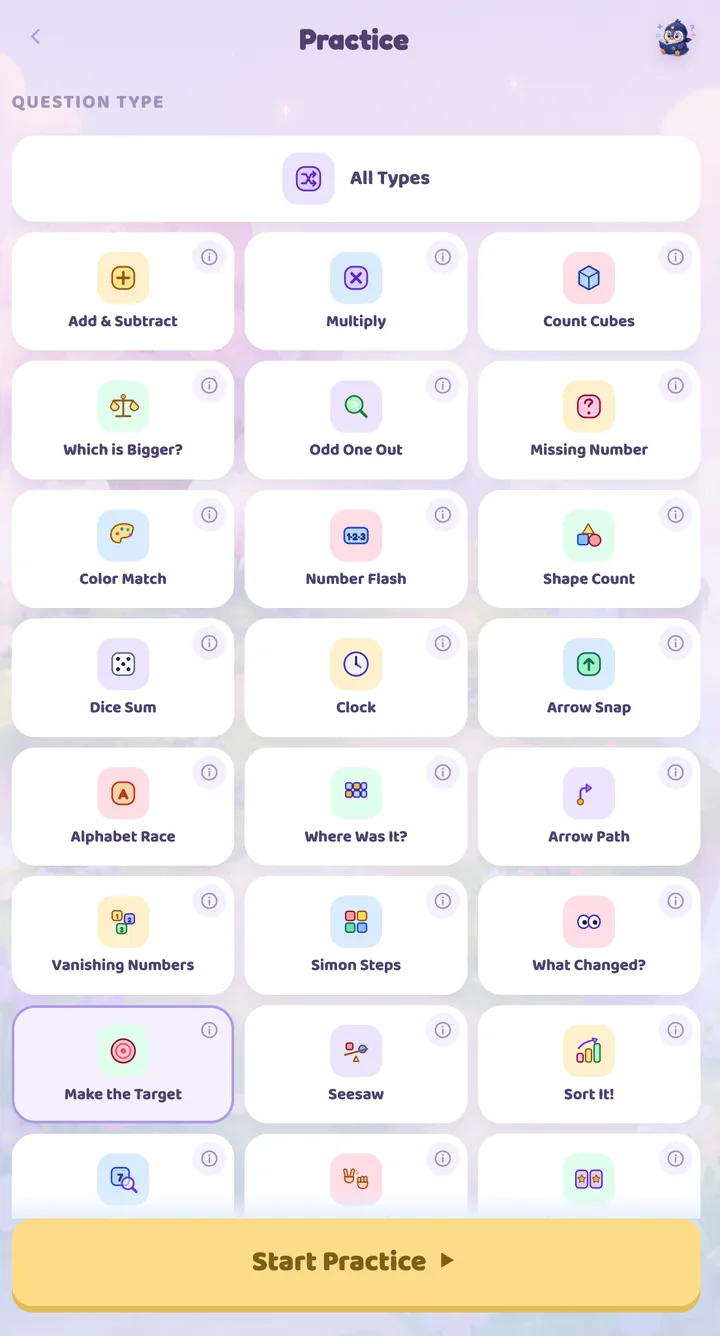 Practice mode — a grid of question types to choose from, with a Start Practice button