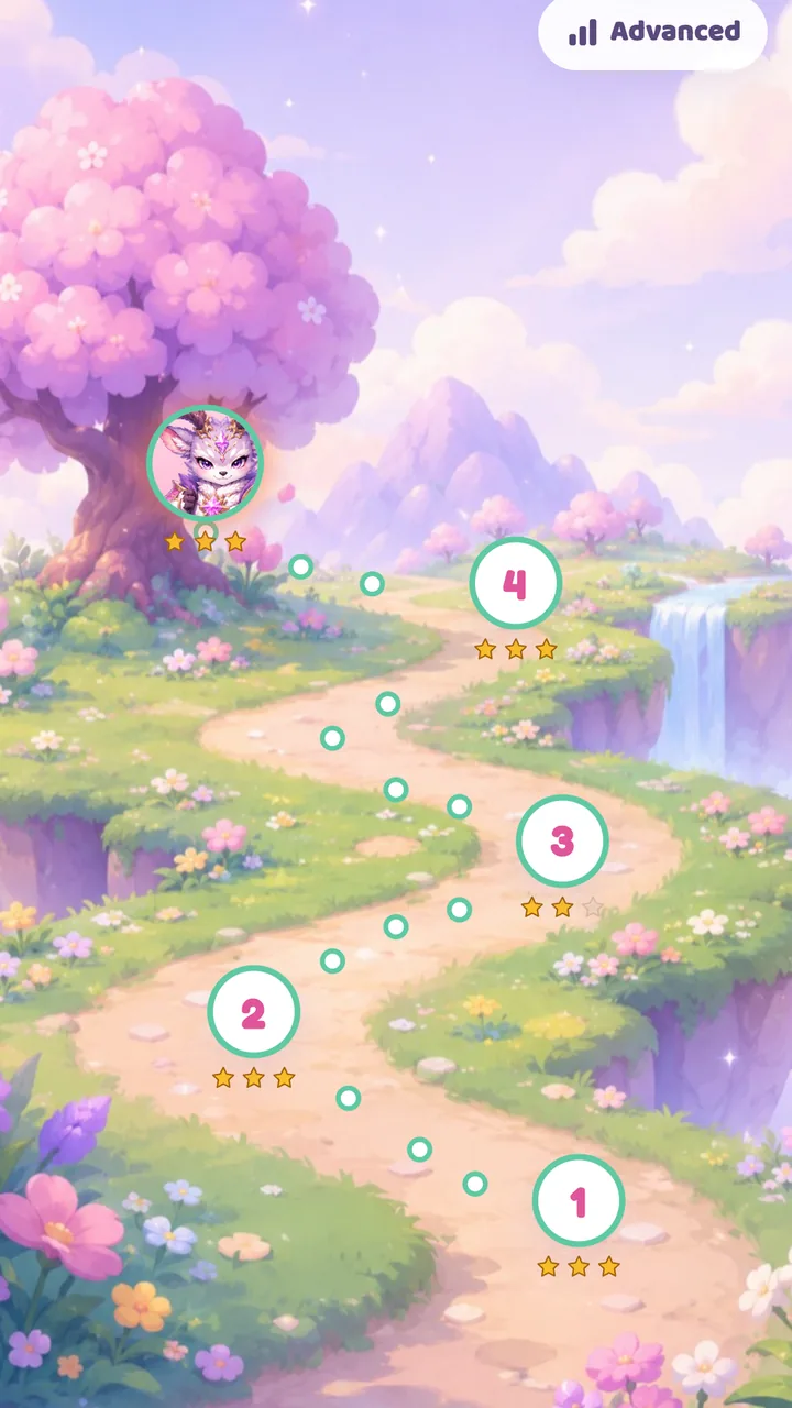 Story mode map — a winding trail through Spark Meadow with numbered stages and star ratings