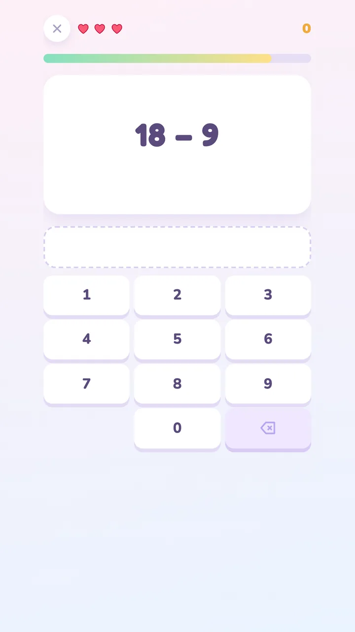 Survival mode — a subtraction question with three hearts remaining and a number pad