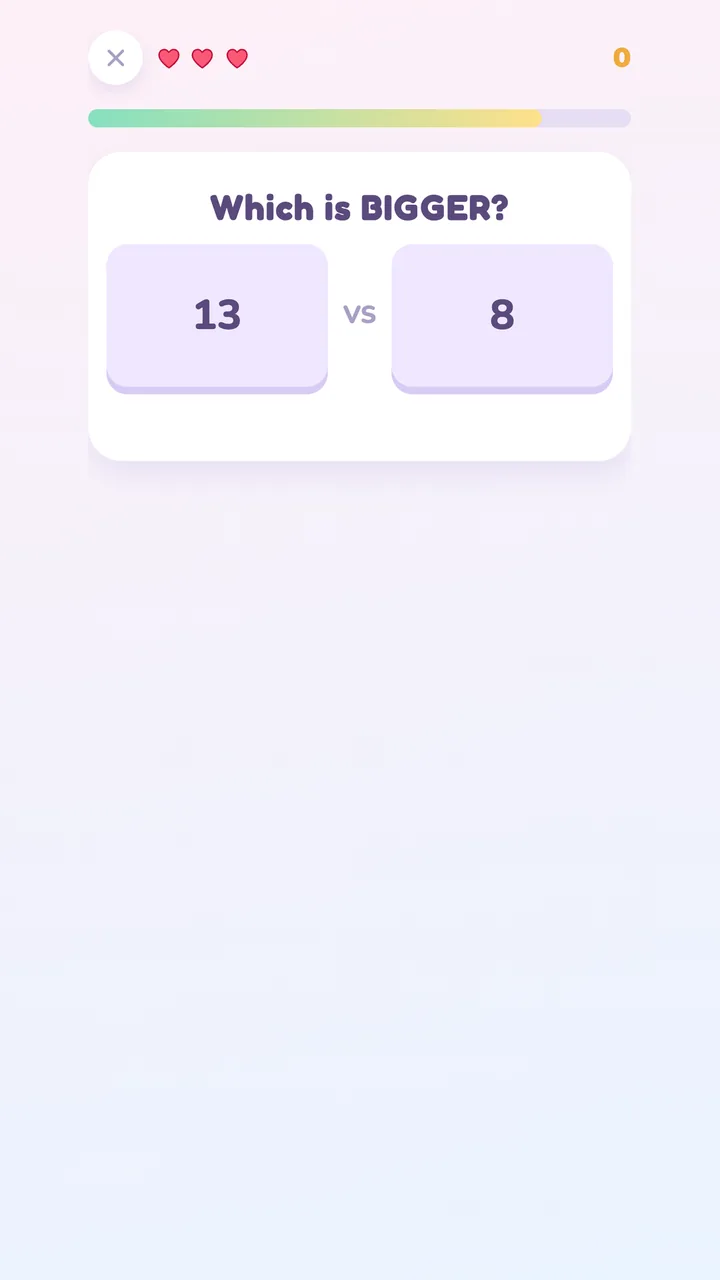 Time Attack mode — a "Which is BIGGER?" question comparing 13 and 8