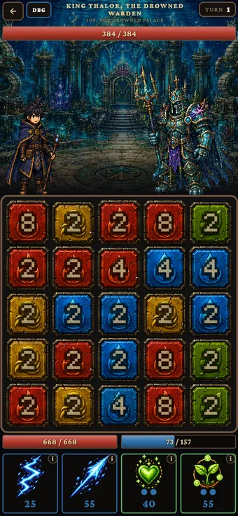RuneFall battle screen — a grid of numbered rune tiles below a boss encounter