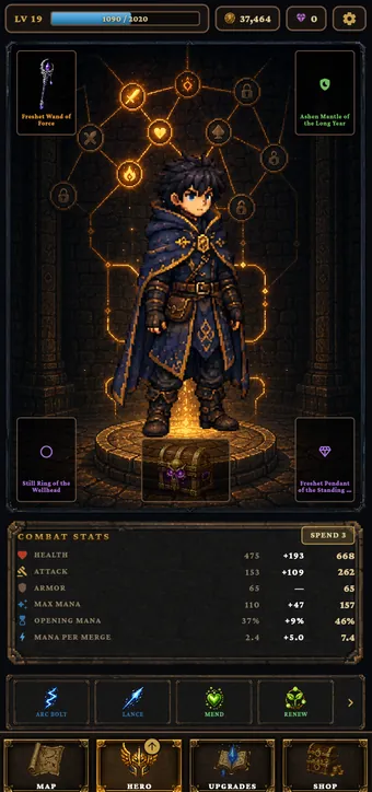 RuneFall character sheet — equipment ring and combat stats