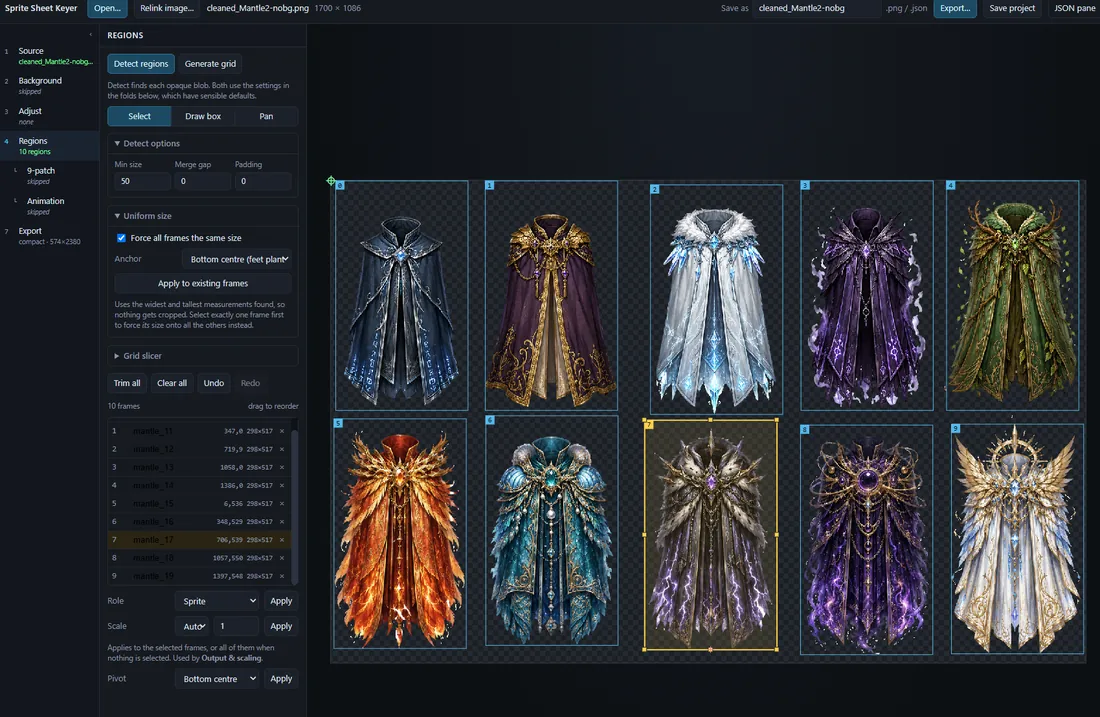 Sprite Slicer — detected regions around ten cloak sprites on a transparent background