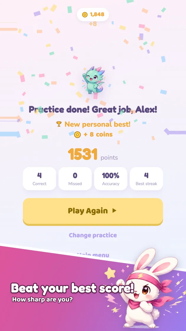 Results screen at the end of a game