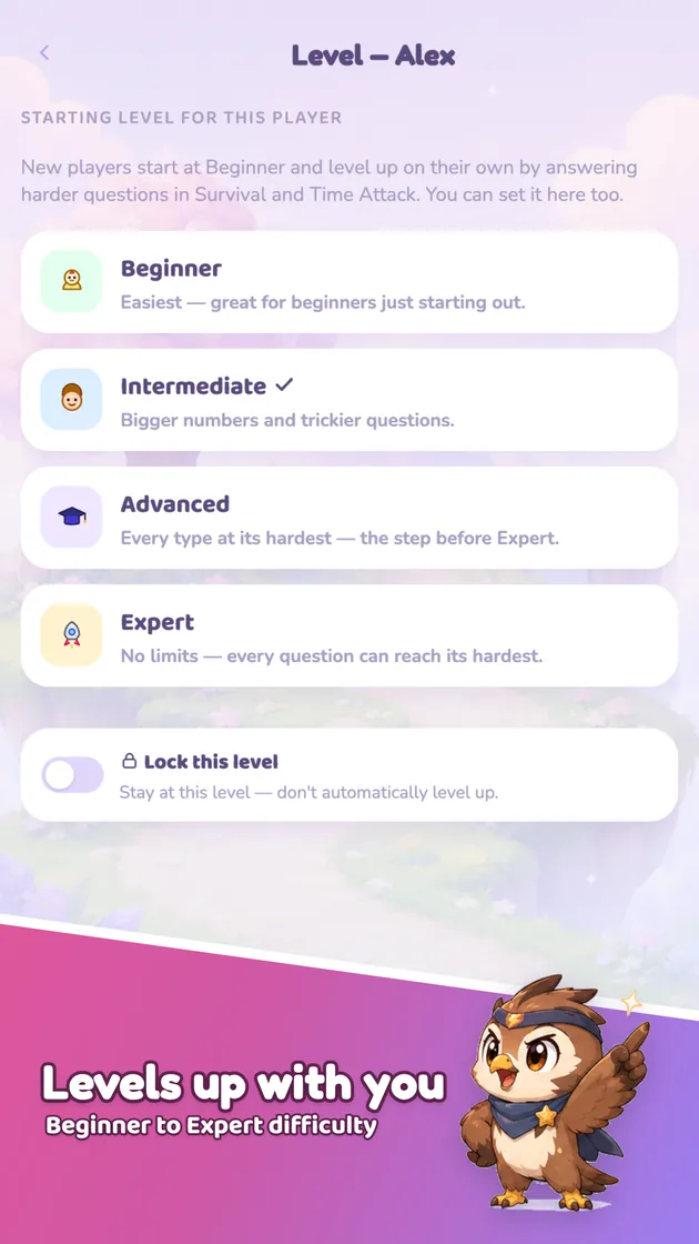 Level screen — Beginner through Expert difficulty options